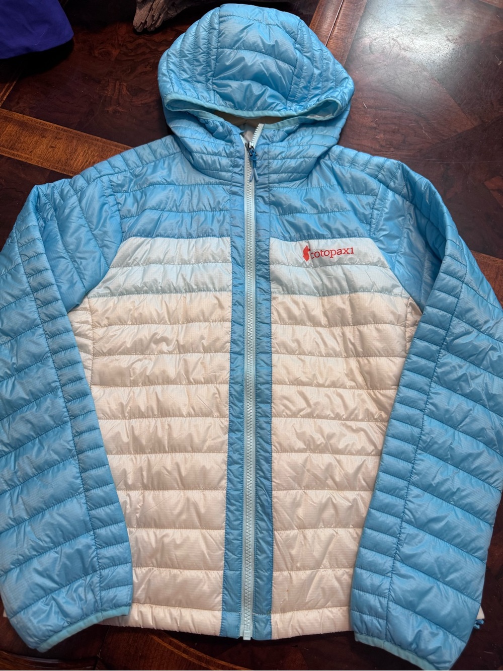 cotopaxi Light Blue and White Ladies Adult' Hooded Insulated Puffer Jacket